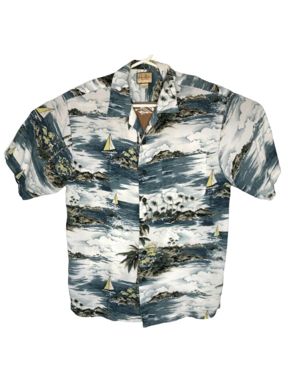 Lenguinease Bro Hawaiian Shirt Mens M Blue Gray Button Down Tropical Palms Boats